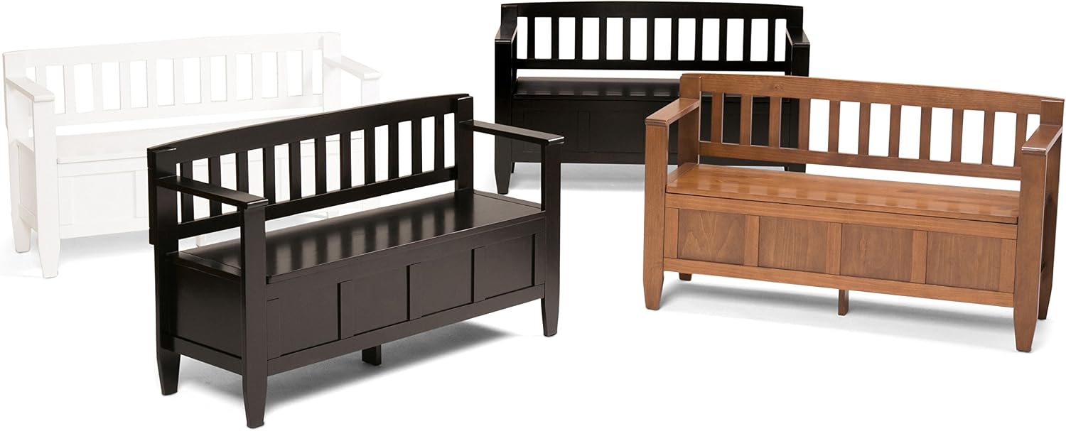 SIMPLIHOME Connaught 30" Wide Solid Wood Storage Bench in Chestnut Brown | Contemporary entryway bench with lift-up lid and hidden storage; mudroom, hallway, foyer, or shoe bench.