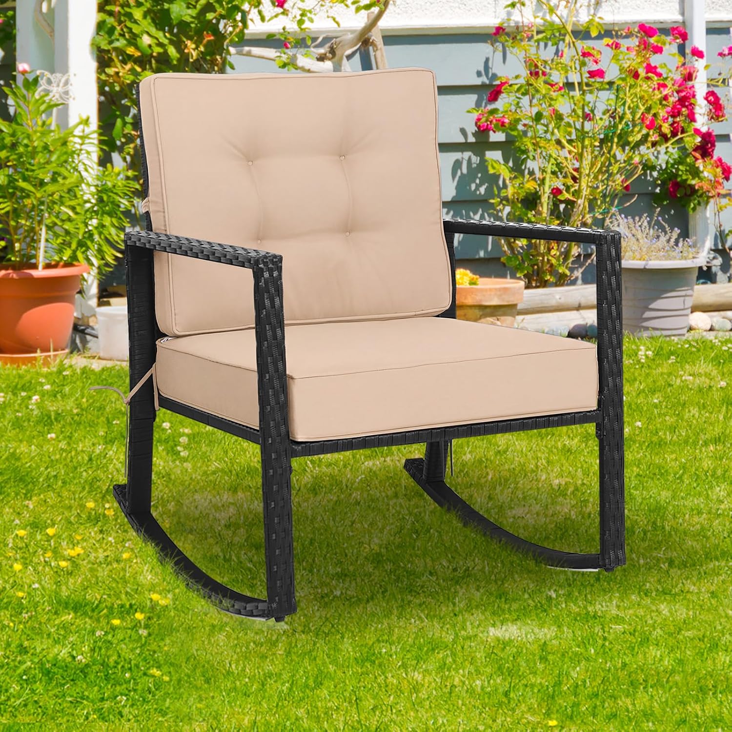 Tangkula Wicker Rocking Chair, Outdoor Glider Rattan Rocker Chair with Heavy-Duty Steel Frame
