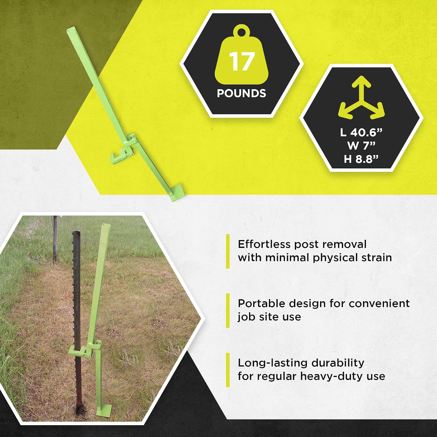 17 Pound Lightweight Manual T Post Puller for Buried Studded T Post Removal with 3 Foot Handle for Added Leverage, PG-07