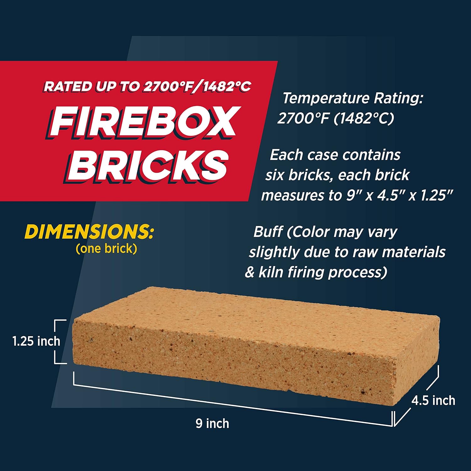 Rutland Fire Bricks, Properly Cured High Temperature FireBrick, USA-Made Residential Fire Clay Replacement for Wood Stove, Fireplace, & Pizza Oven, Size 9" x 4.5" x 1.25", 6-Pack, Tan
