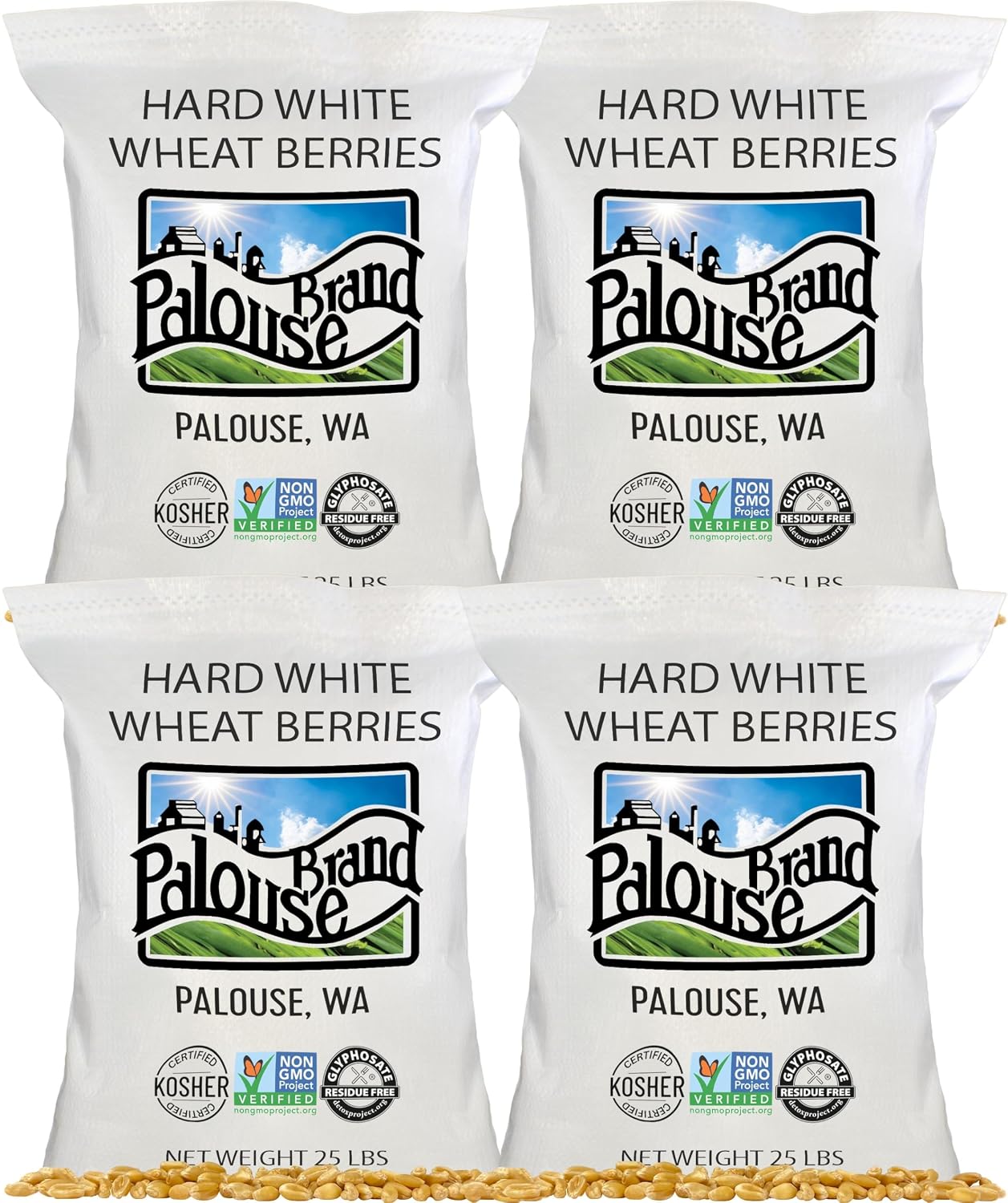 Palouse Brand Certified Glyphosate Residue Free Hard White Wheat Berries | 25 LBS | Family Farmed in Washington State | Sproutable | Non-GMO Project Verified | Kosher