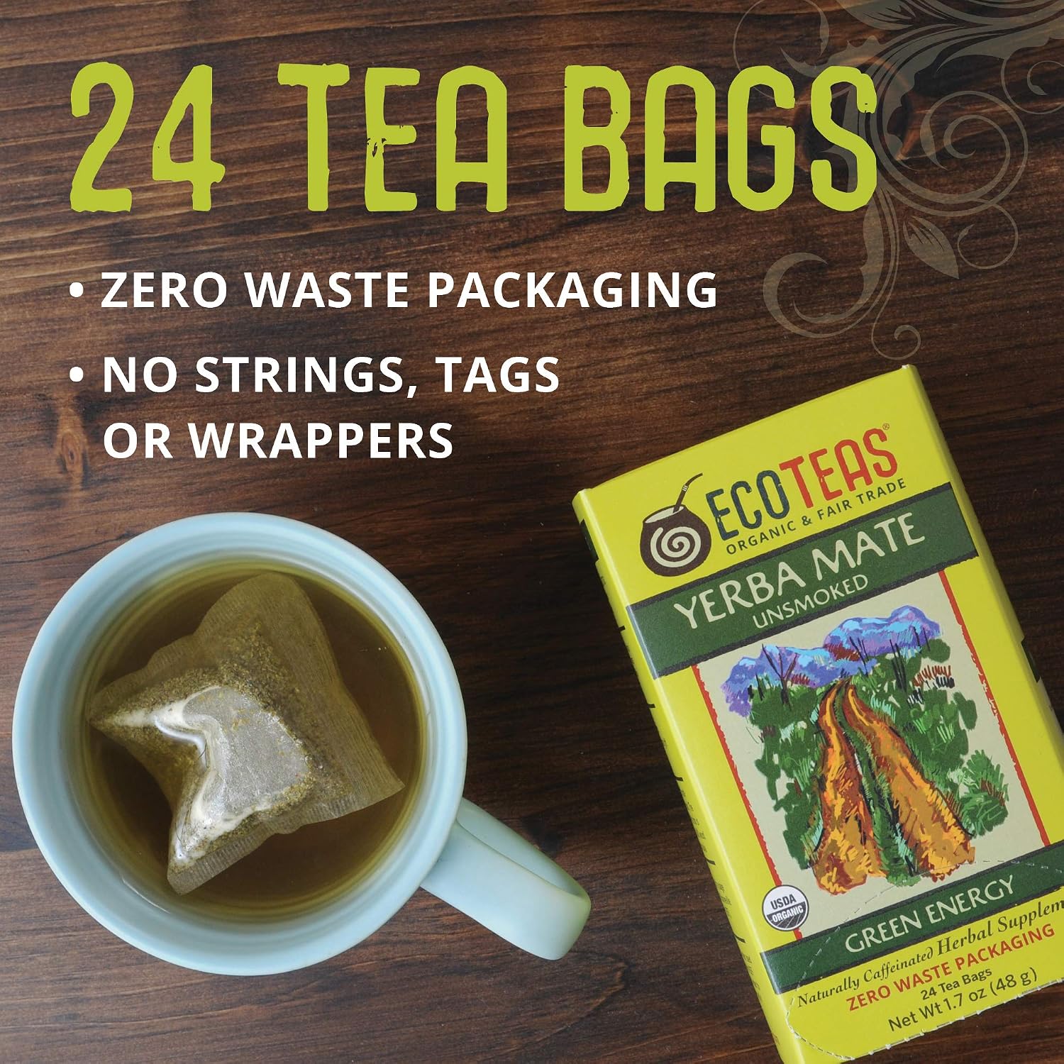 ECOTEAS Organic Yerba Mate Unsmoked Tea 24 Bags