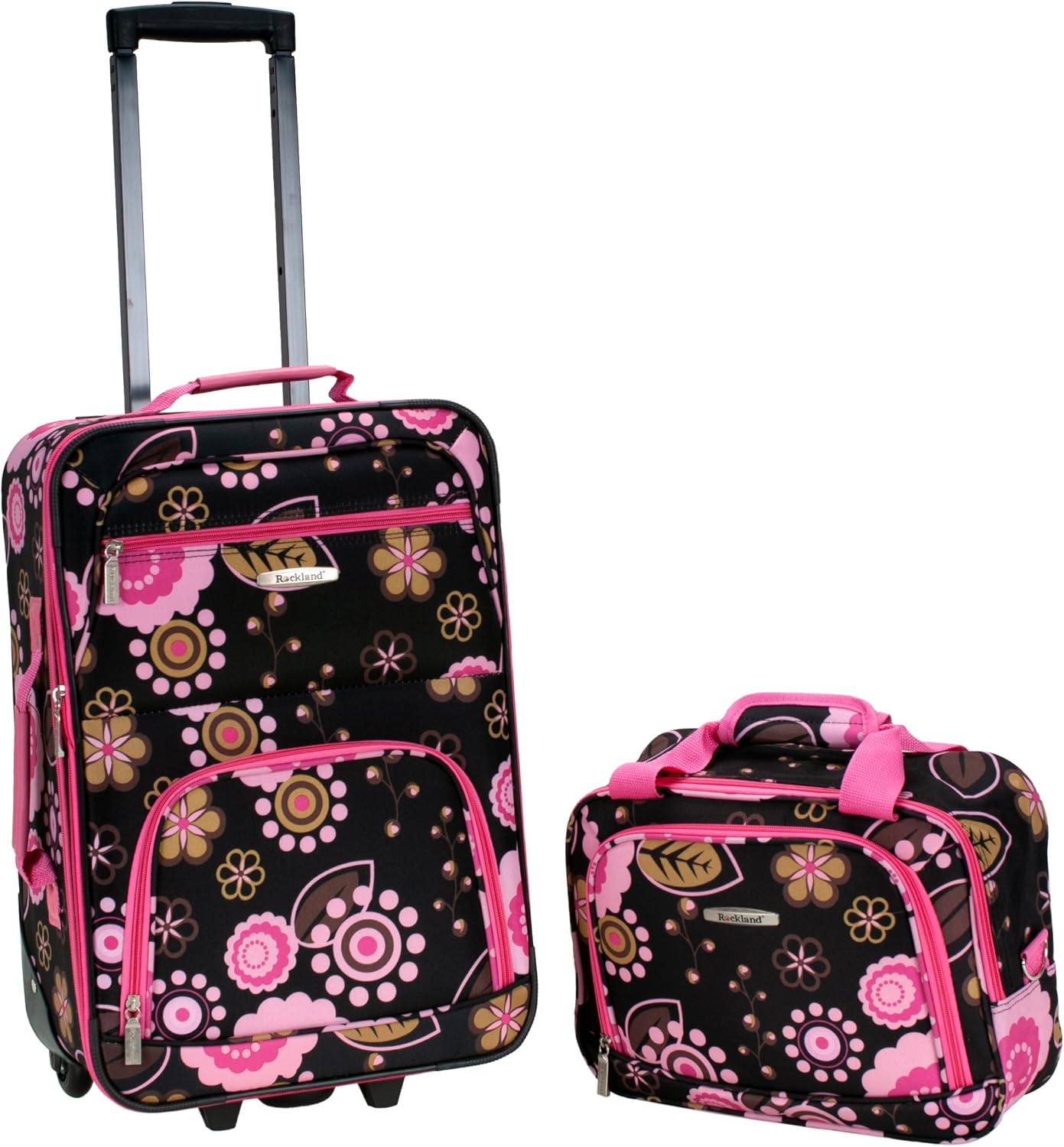 Rockland Fashion Softside Upright Luggage Set,Expandable, Telescopic Handle, Wheel, Black Dot, 2-Piece (14/19)