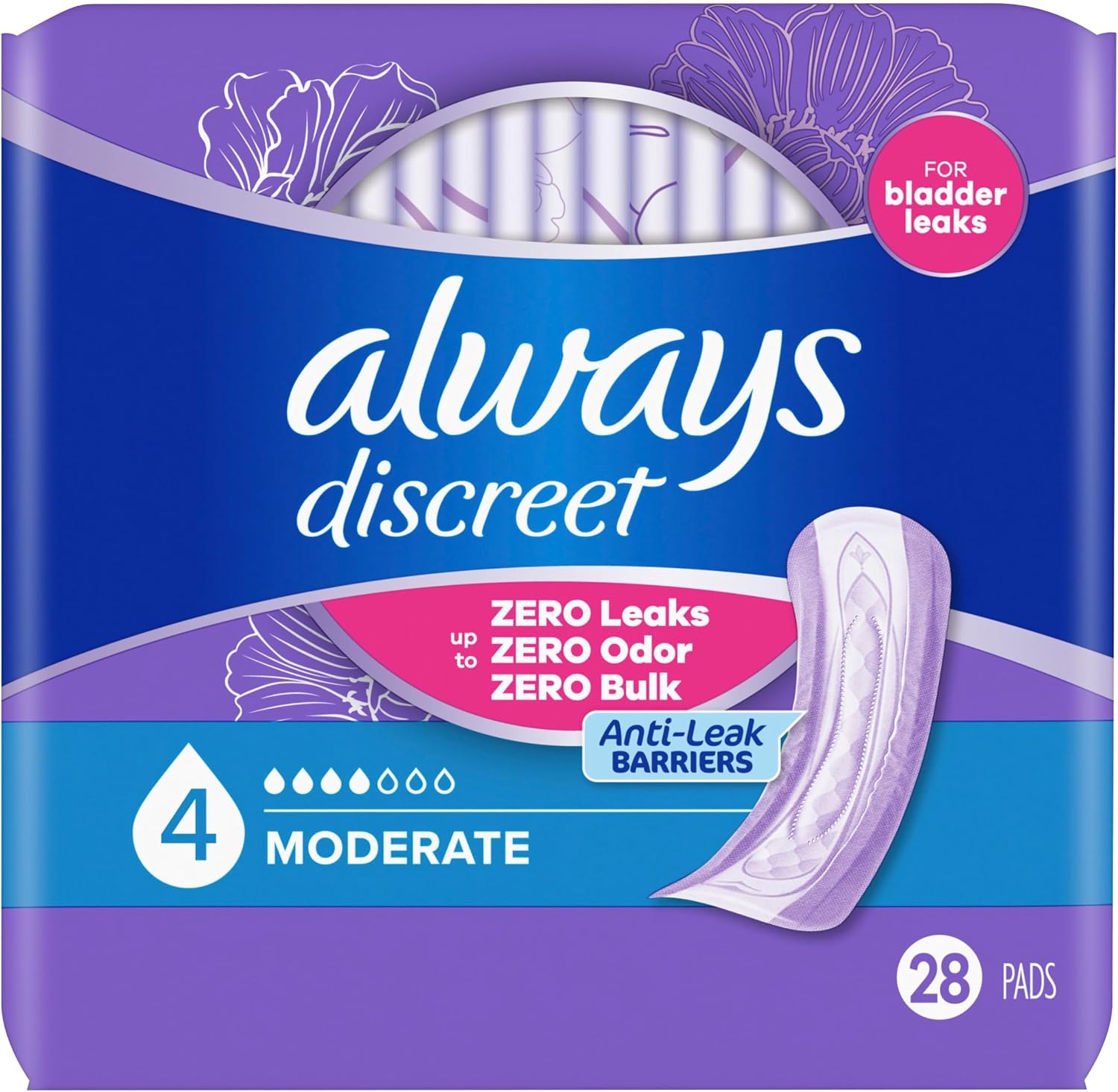 Always Discreet Adult Incontinence Pads for Women, Drier, 4 Drop Long Length, Moderate Absorbency, Pads for Bladder Control Management, Bladder Leaks, & Postpartum Pads, 54ct
