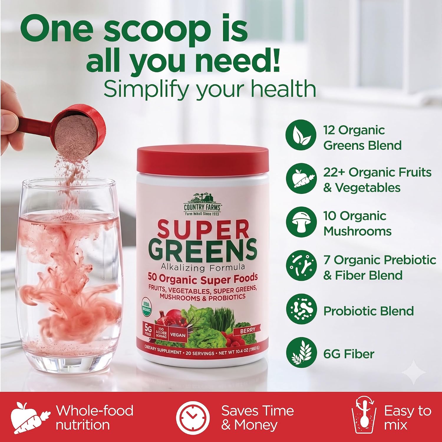 Country Farms Organic Super Greens Powder, Daily Greens Drink Mix with 50 Organic Superfoods, Fruits, Vegetables, Fiber, Mushrooms & Probiotics for Gut Health, Digestion & Energy, Berry Flavor