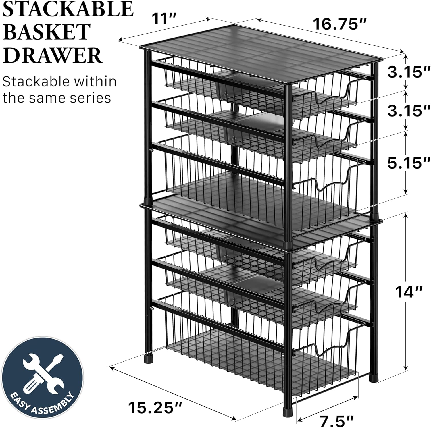Simple Houseware Stackable 3 Tier Sliding Basket Organizer Drawer, Chrome