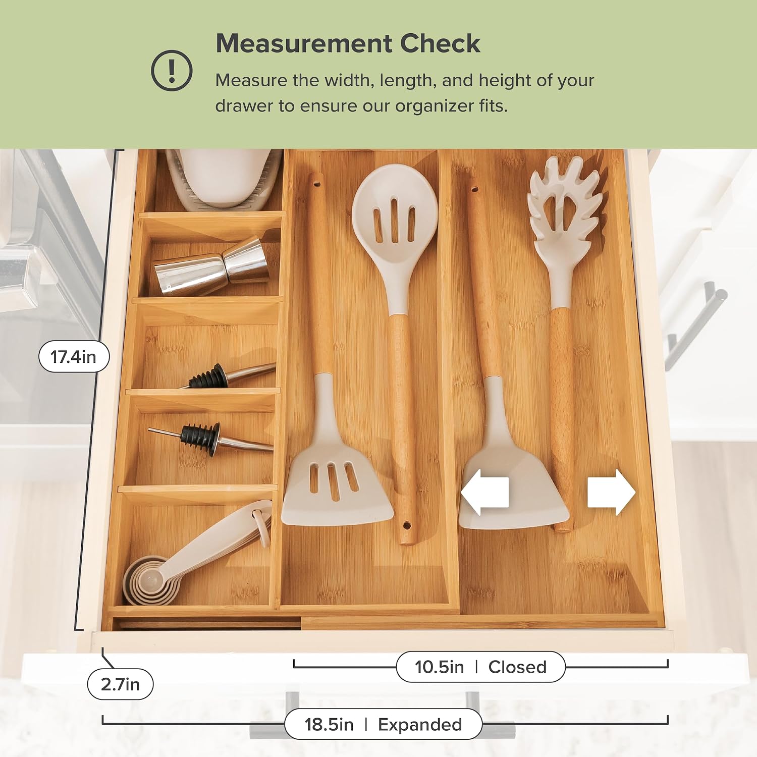 Utensil & Junk Drawer Organizer, 16-28 in, Bamboo | Food-safe contract grade, 100% sustainable wood, non-slip, adjustable