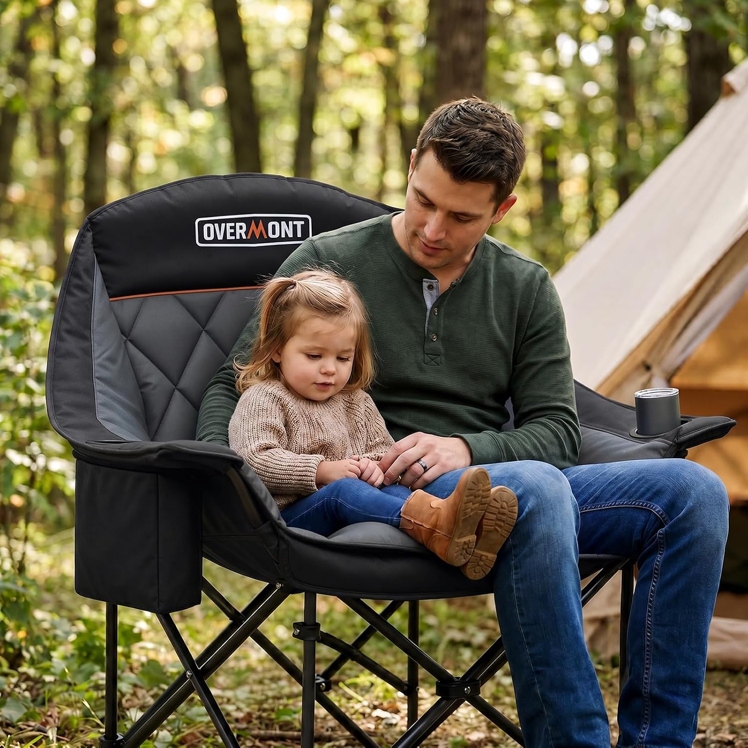 Overmont Oversized XL Camping Chair for Adults - 500lbs Support Heavy-Duty Padded Folding Chair with Side Pocket Cup Holder Cooling Bag for Outdoor Sports Garden Beach Fishing Lawn Black