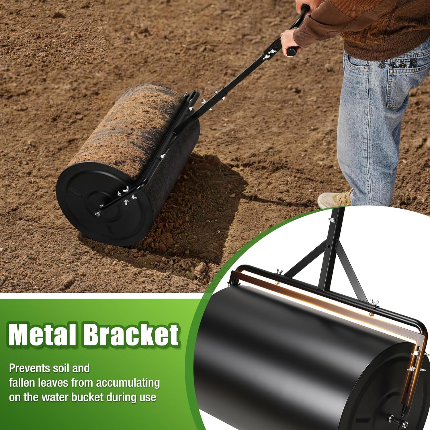 24 Inch Compost Spreader & Lawn Roller, Featuring One Mesh Roller and One 23 Gallon Hollow Roller, Push & Tow Design