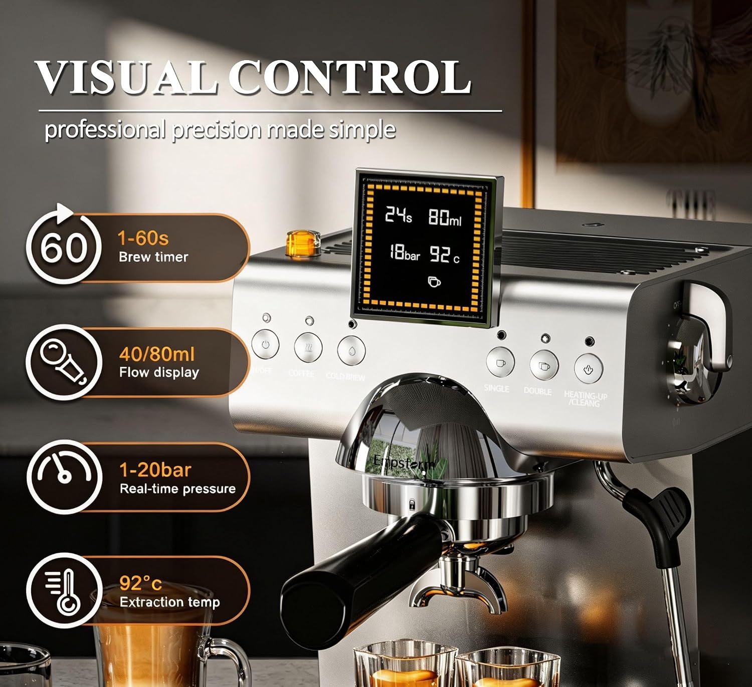 Empstorm CB2 20 Bar Espresso Machine with Milk Frother Steam 1350W Silver | LED Display Compact Espresso maker Cold Brew& Hot Coffee Maker