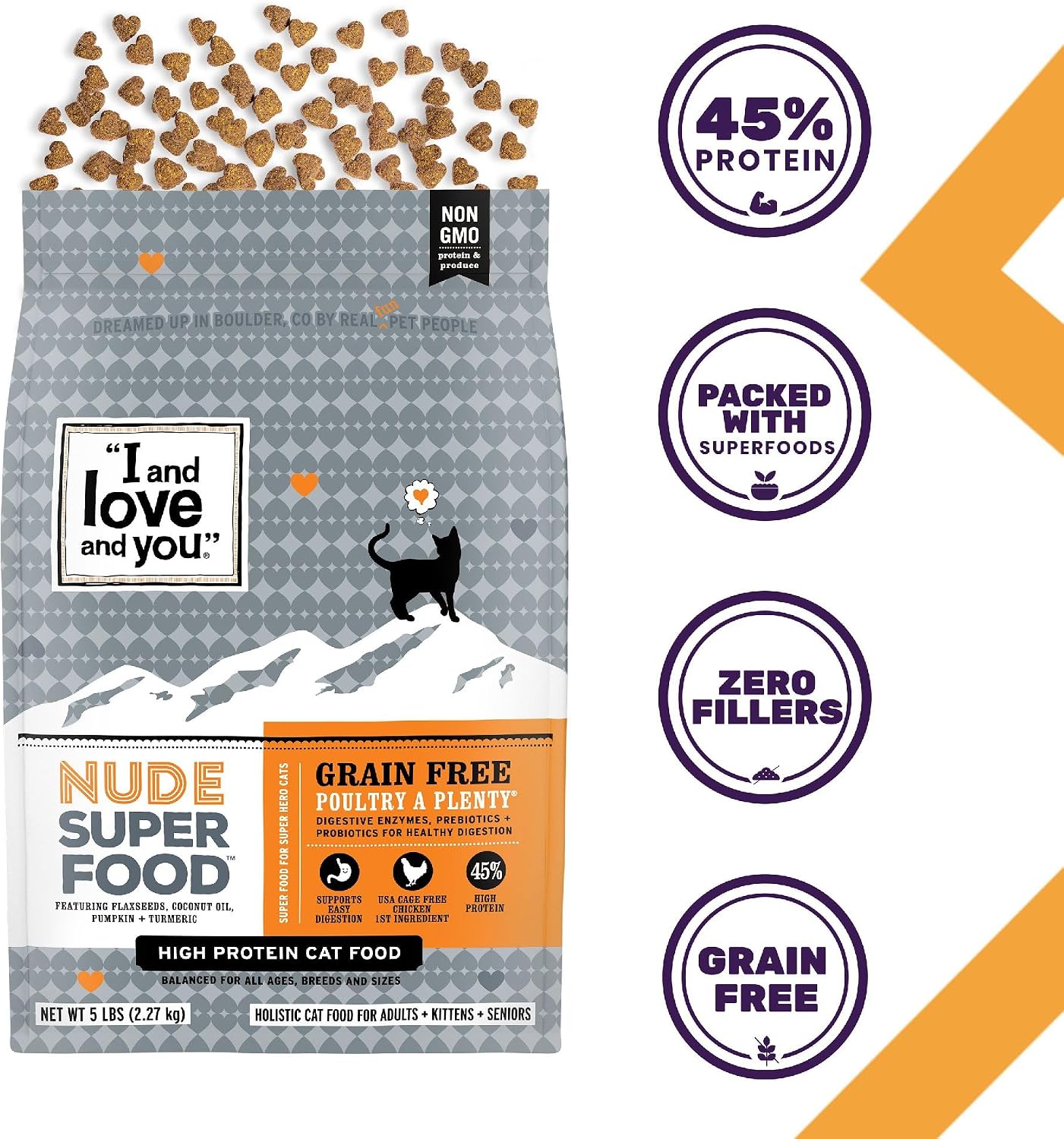 I and love and you Nude Super Food Dry Cat Food - Turkey + Chicken - Grain Free, High Protein, No Fillers, Superfoods, 5lb Bag
