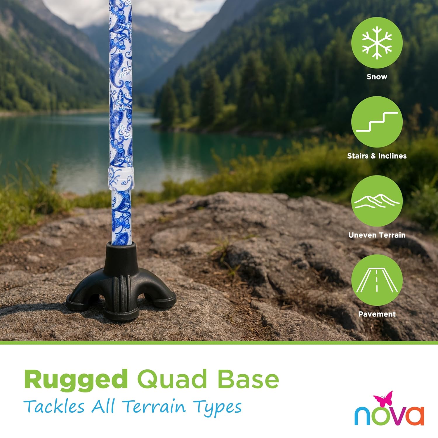 Nova Joy Designer Offset Quad Cane for Seniors - Unisex Adjustable Lightweight Walking Aid with Foam Handle, Wrist Strap and Anti-Rattle Lock - Essential Mobility Support - Maui Flowers