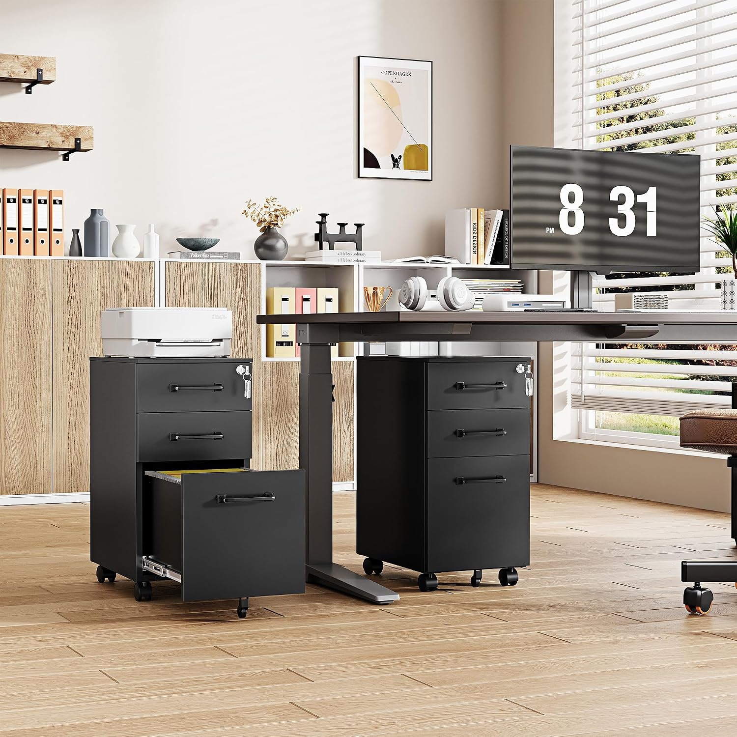 3 Drawer File Cabinet with Lock,Mobile Lateral Filing Cabinet with Side Hook for Letters/Legal/A4, Metal Printer Stand Storage Cabinets with Shelves for Home Office(Black)
