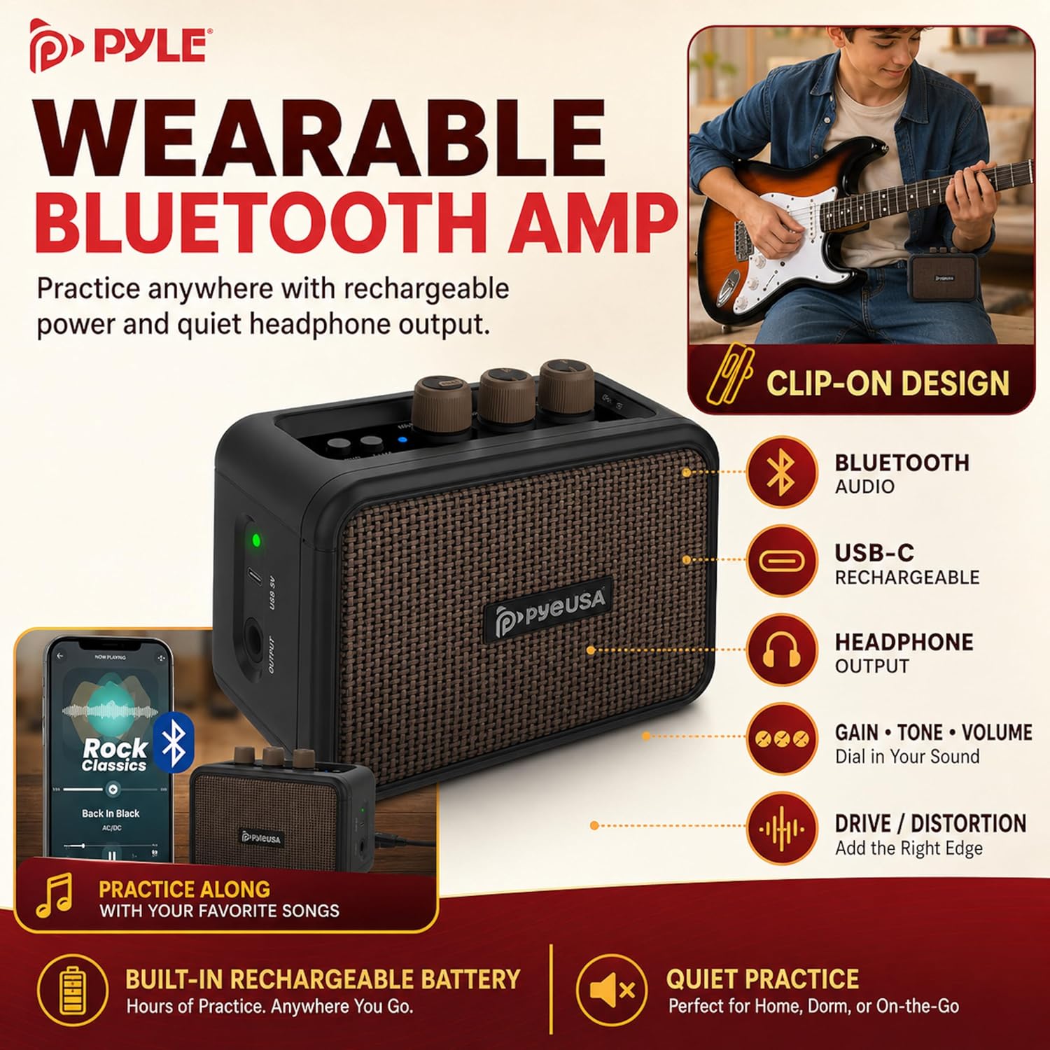 Pyle Electric Guitar and Amp Kit - Full Size 39" Complete Starter Kit with Wearable Bluetooth Amplifier, 1/4” Cable, Carry Case, Strap, Strings, Picks, Cleaning Cloth, ST-Style Pickups (Black)