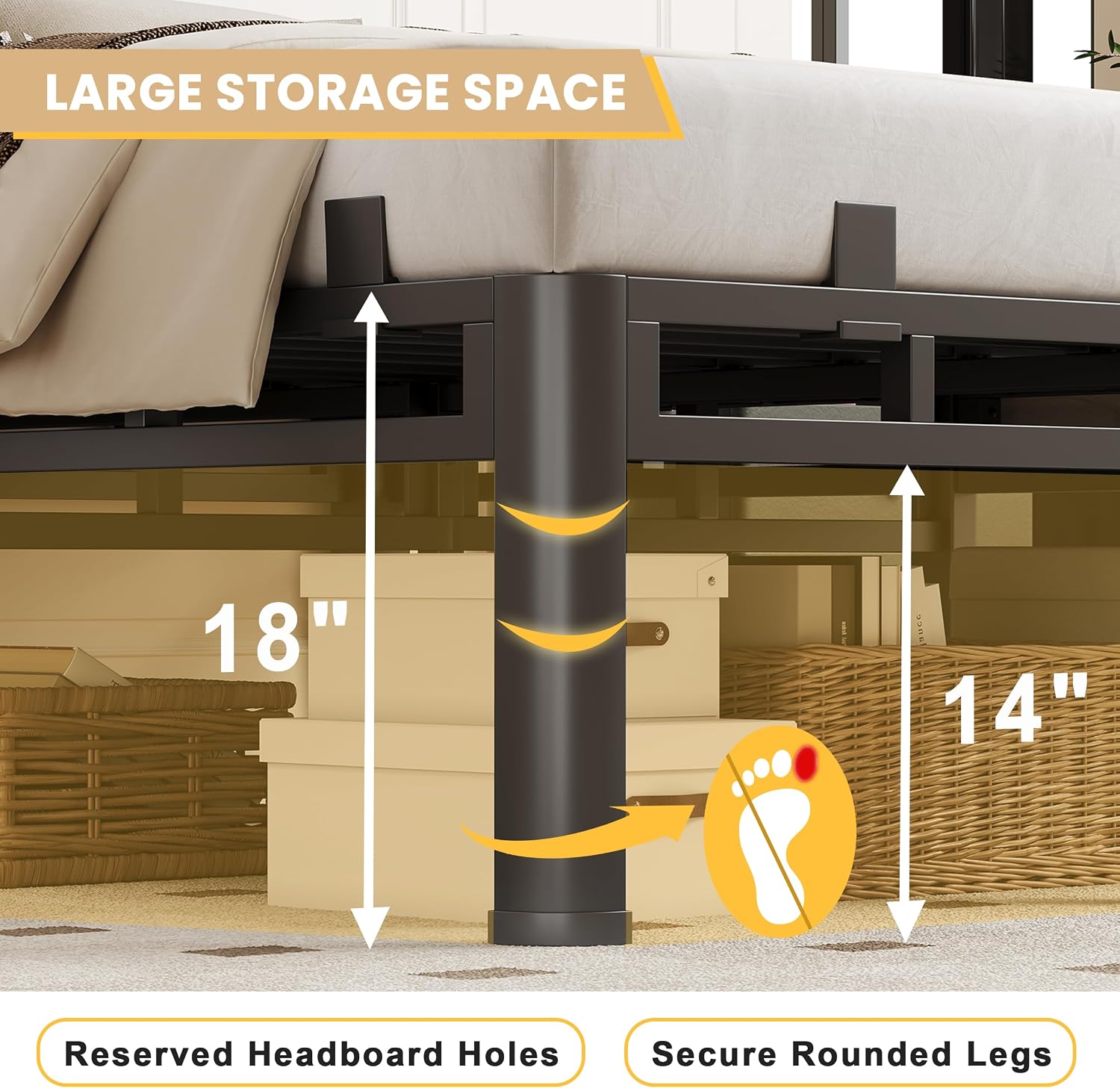 Full Size Bed Frame Metal,14 Inch Heavy Duty Double Layer Platform Black | Easy Assembly,Noise Free,4000lbs Capacity,6 Mattress Stoppers,Round Corner Legs,Headboard Holes,Anti-Slip Rubber Foot Pads