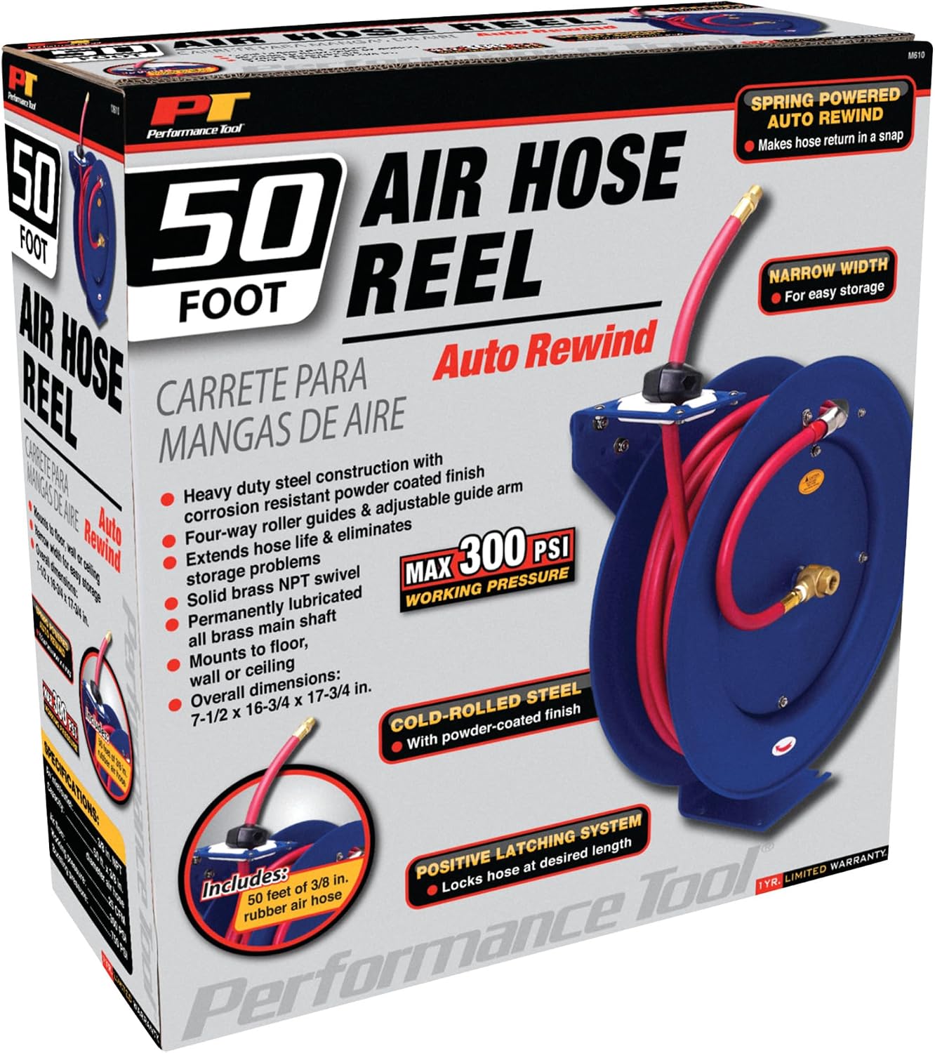 Performance Tool M635 50 ft. 18-Gauge Steel Air Hose Reel | Durable powder coated finish. Holds up to 50-ft of 3/8-in compressor hose (not included). 3/8-in female NPT swivel. Reel only