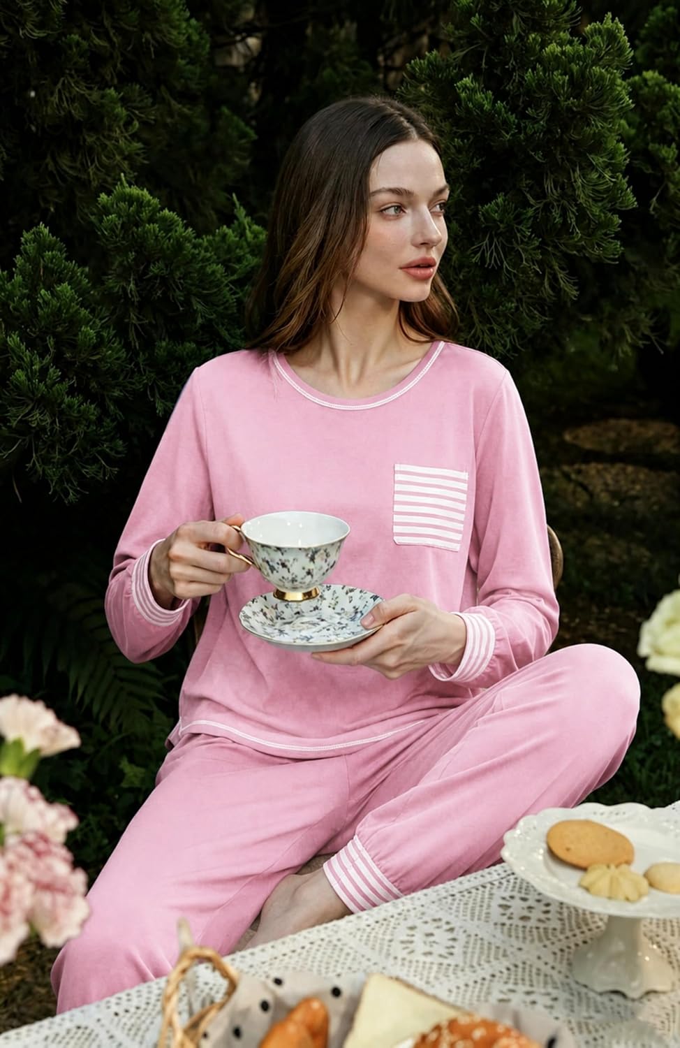 SWOMOG Women’s Pajamas Set Long Sleeve Sleepwear with Long Pants Soft Modal Loungewear Pj Set