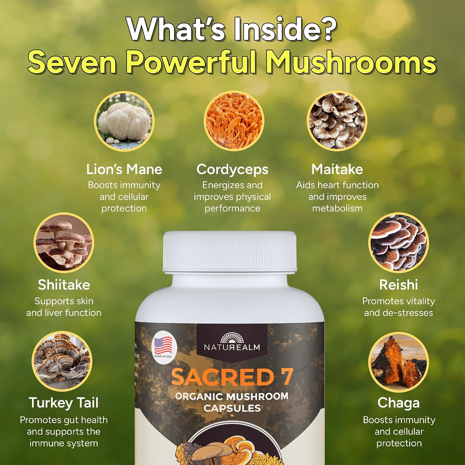Sacred 7 Brain Mushroom Powder, Organic 7-in-1 Blend 226 Servings | Seven fruiting body extracts, lions mane cordyceps reishi, stirs into coffee or smoothies, 1000 mg scoop