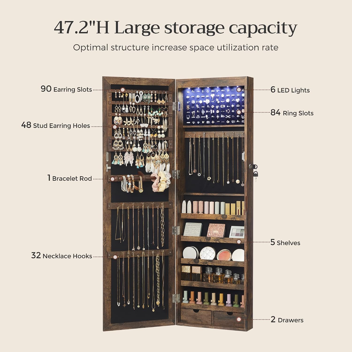 SONGMICS 6 LEDs Mirror Jewelry Cabinet, 47.2-Inch Tall Lockable Wall or Door Mounted Jewelry Armoire Organizer with Mirror, 2 Drawers, 3.9 x 14.6 x 47.2 Inches, White UJJC93W