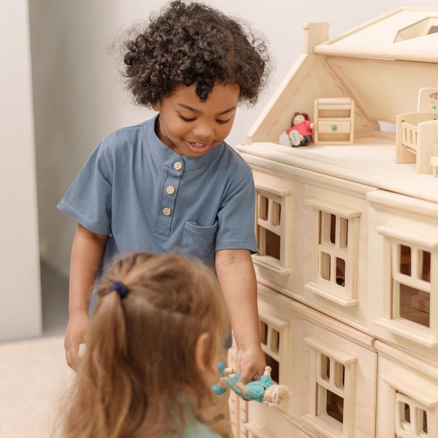 PlanToys® Green Wooden Dollhouse with Solar Panel, Wind Turbine & Furniture | recycling system, eco-friendly doll house, sustainable pretend play, kids, girls, environmental learning gift for boys