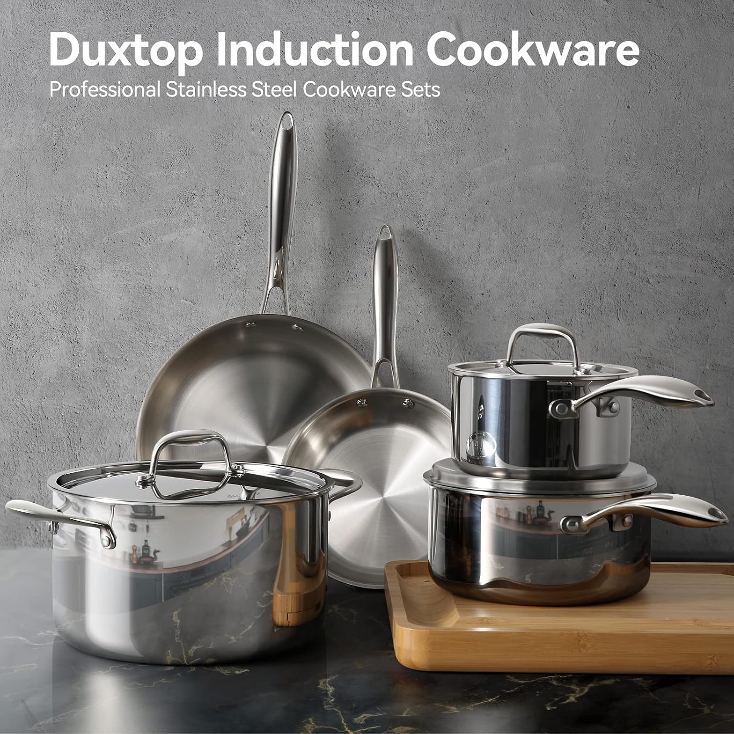 Duxtop Tri-Ply Stainless Steel Induction Cookware, 10PC Pots and Pans Set | Whole Clad 3-Layer Steel, Family Cookware Set, Even Heating