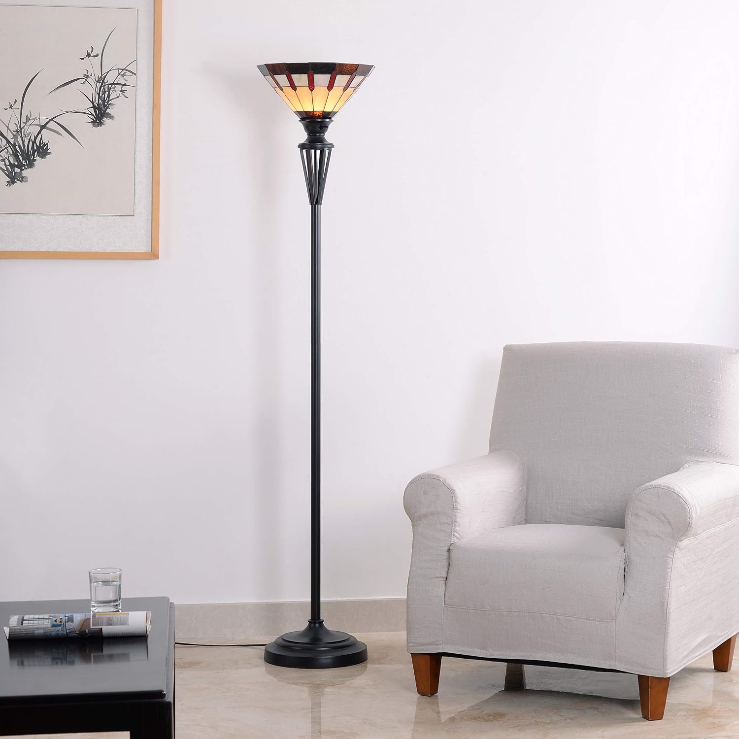 Kenroy Home Harmond 1 Light Art Glass Torchiere with Bronze Finish, Classic Style, 71.5" Height, 14.5" Width, 14.5" Depth