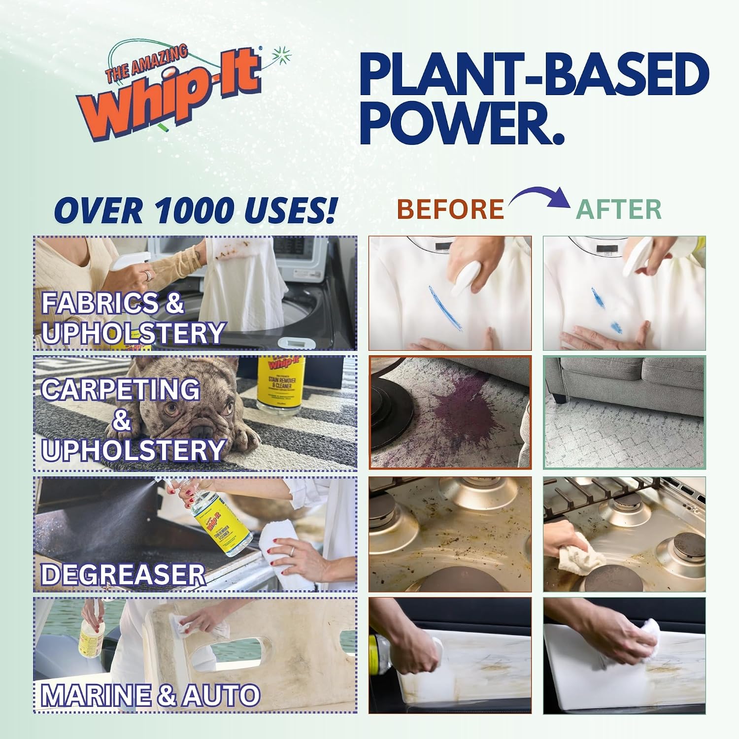 Whip It Cleaner, Multi Purpose Stain Remover Professional Strength Spray, Plant Based Enzyme Cleaner, Cleaning Food, Coffee, Wine, Baby Stains, Pet Stains, Over 500 uses, Made in USA, 32 OZ