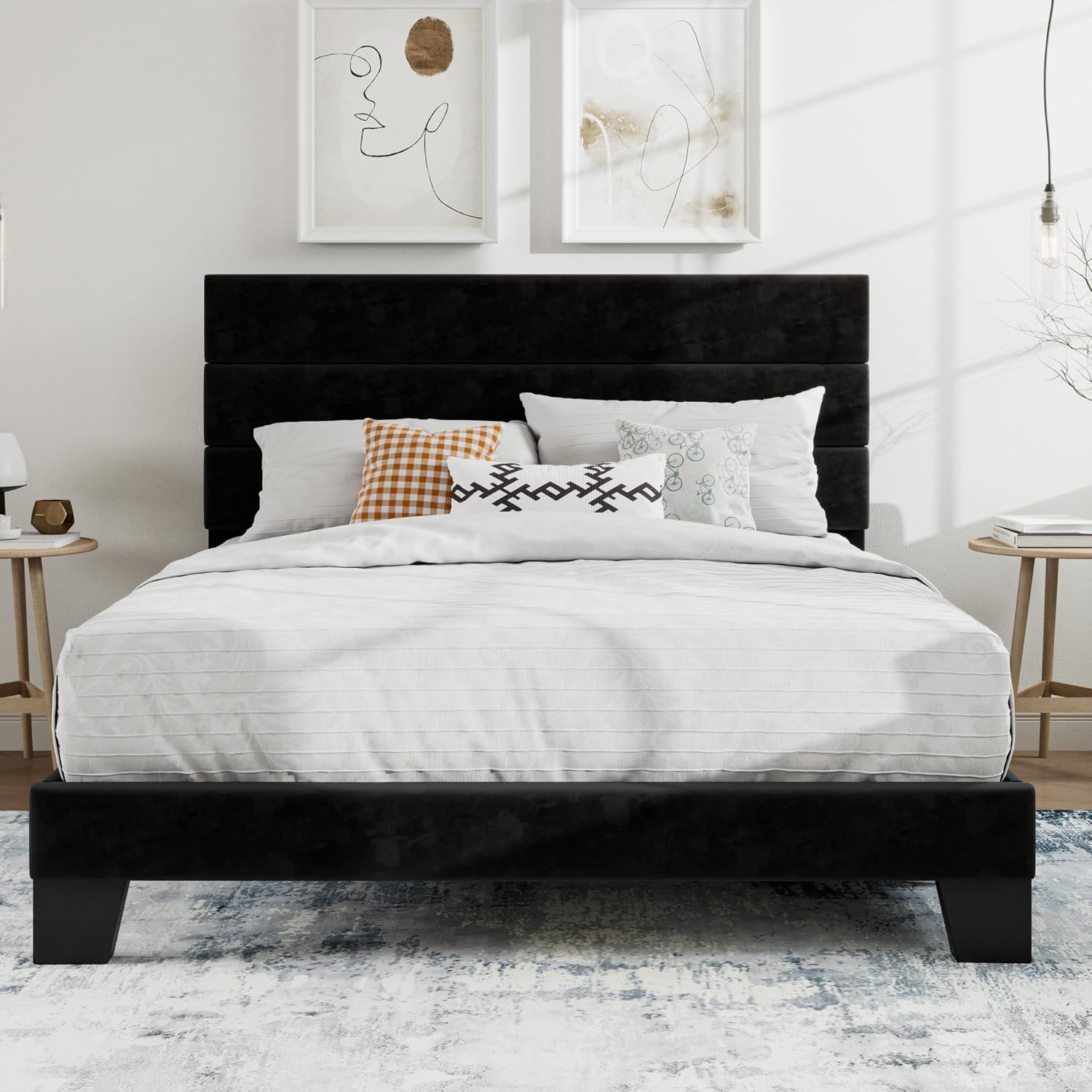 SHA CERLIN Full Platform Bed Frame with Upholstered Fabric Headboard, Grey