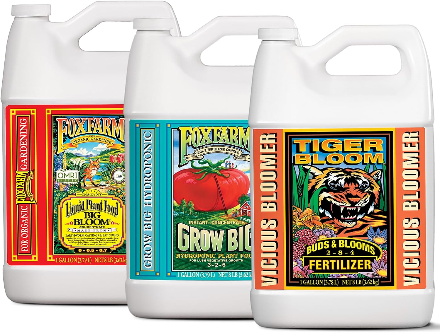 FoxFarm Hydro Liquid Trio Pack - Big Bloom, Grow Big Hydroponic, Tiger Bloom Fertilizers for Plant Growth, Bud Development & Abundant Fruit - Complete Hydroponic Plant Food Set - 3 Pint Bottles
