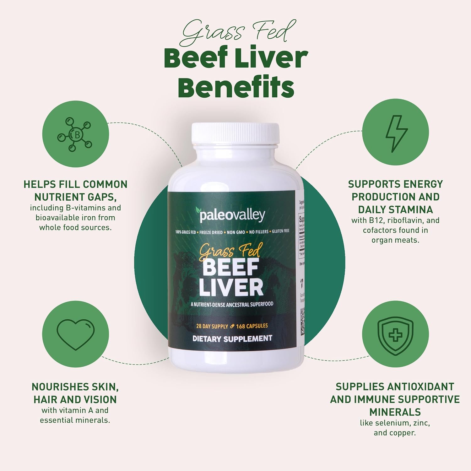 Paleovalley 100% Grass Fed Organ Complex, Beef Liver, Heart and Kidney | Whole Food Multivitamin, Vitamin B12 Supplement, Nutrient Dense Superfood, Freeze Dried, Pasture Raised, Ancestral Nutrition