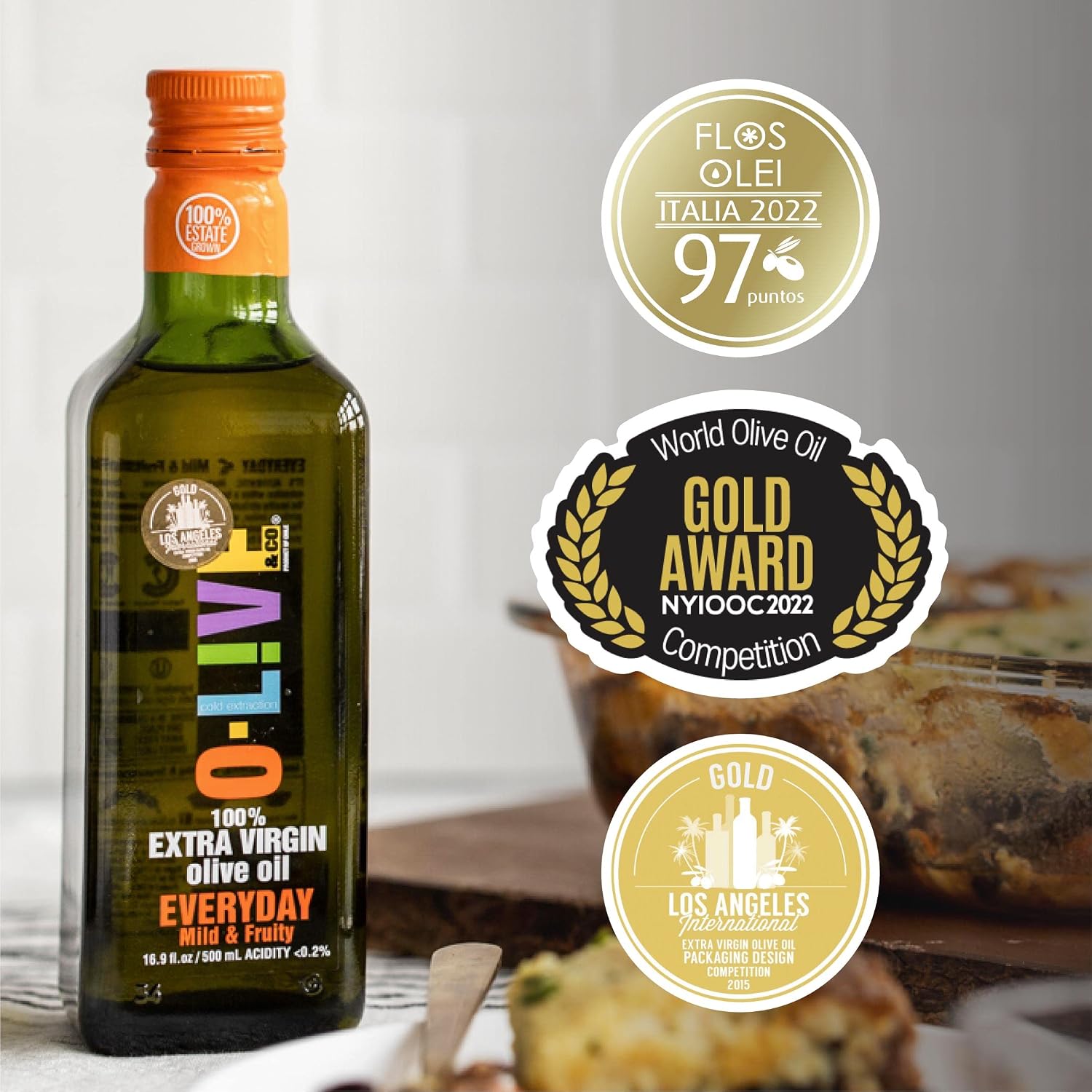 O-Live & Co. 25 Fl Oz 100% Extra Virgin Olive Oil - No Additive - Single Origin Versatile EVOO - First Cold Pressed - Polyphenol Rich - Glass Bottle - New Harvest - Award Winner