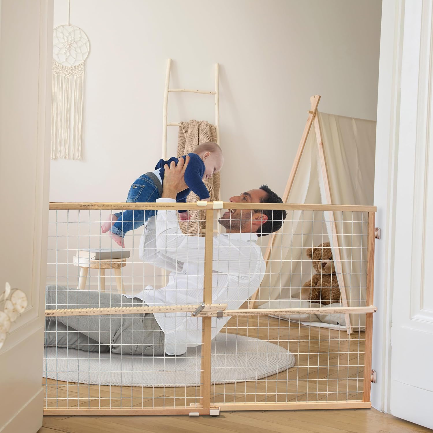 Toddleroo by North States - Extra-Wide Wire Mesh Wooden Baby Gate: Pressure Mounted Baby Gate for Doorways - Adjustable 29.5 to 50 Inches Wide - 31