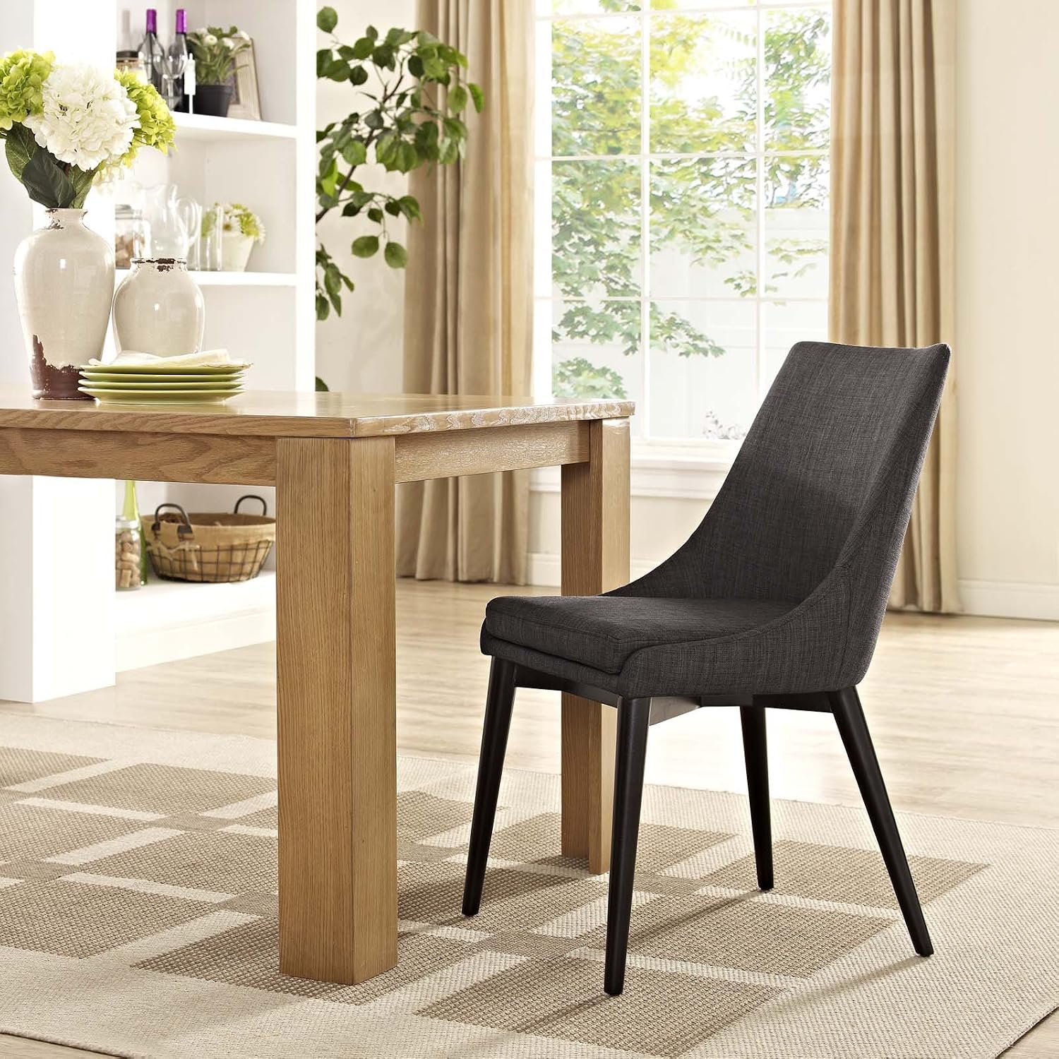 Contemporary Modern Urban Designer Dining Kitchen Room Side Dining Chair Brown Fabric Rattan Wicker