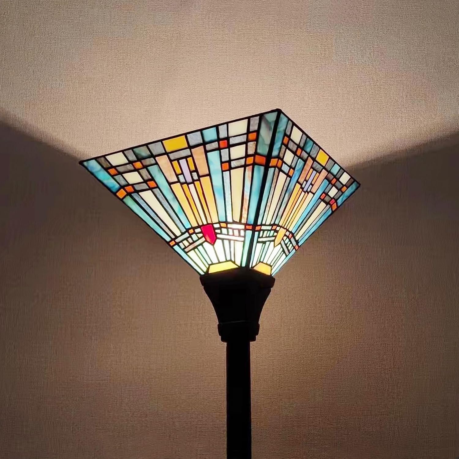 Tiffany Torchiere Floor Lamp Handcrafts Mission Stained Glass Torch Light