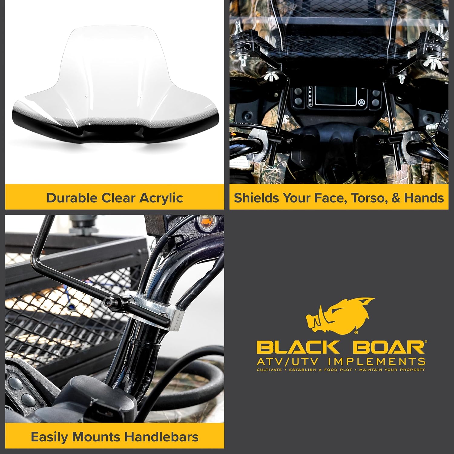 Black Boar ATV Windshield w/Hardware - Features Wrap-Around Design that Shields Hands - Crafted of Heavy Duty Clear Acrylic - Easily Mounts onto