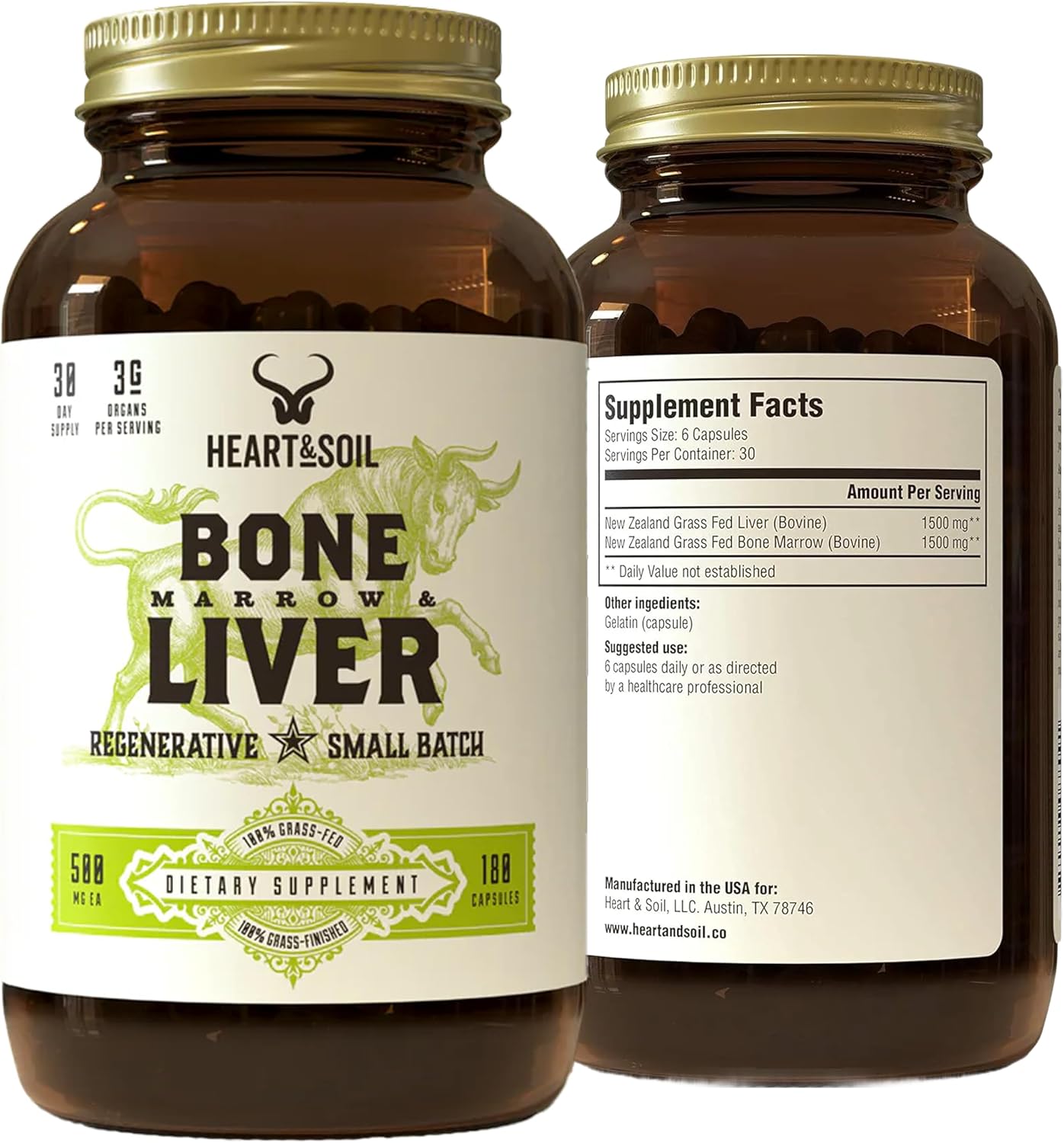 HEART & SOIL Bone Marrow & Beef Liver, 180 Capsules