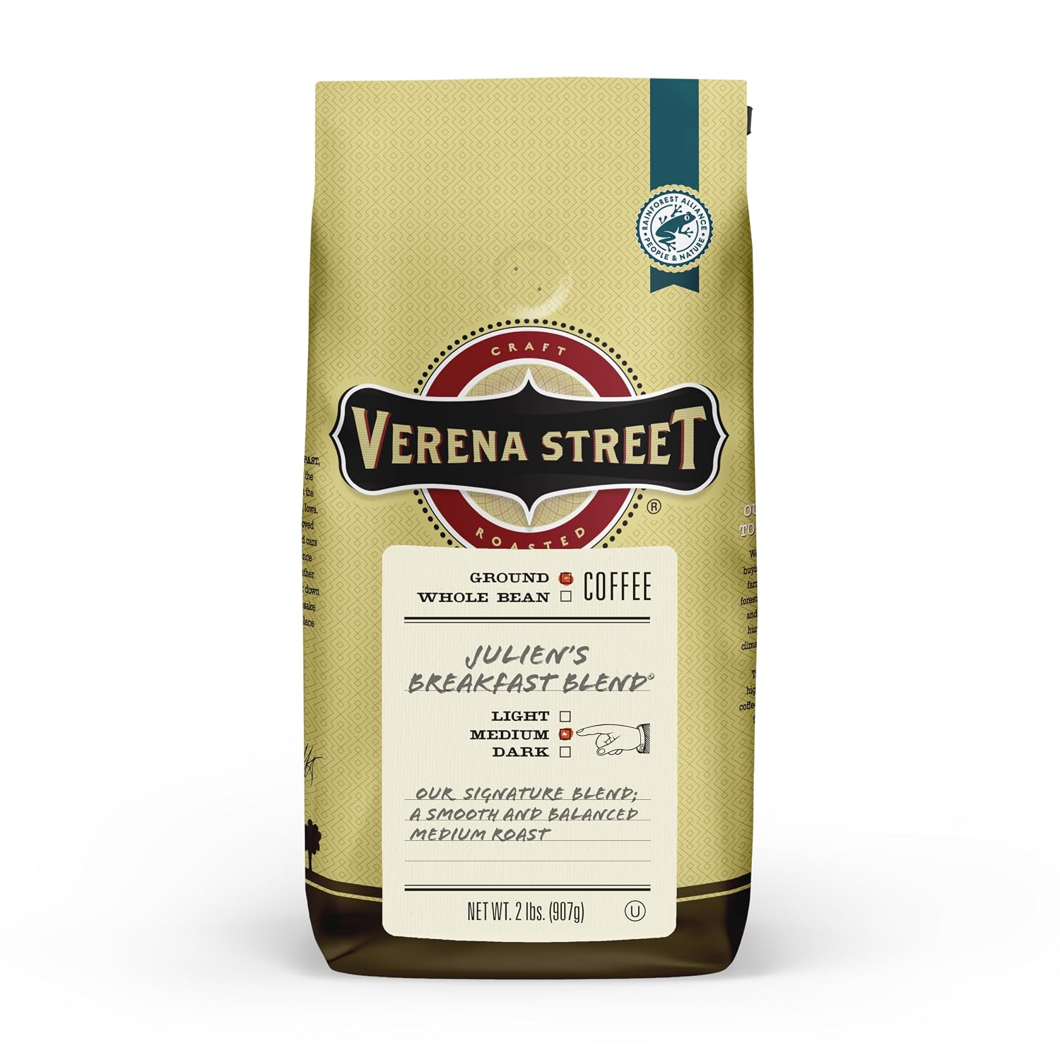 Verena Street 12 Ounce Flavored Ground Coffee, Mississippi Grogg, Medium Roast, Rainforest Alliance Certified Arabica Coffee