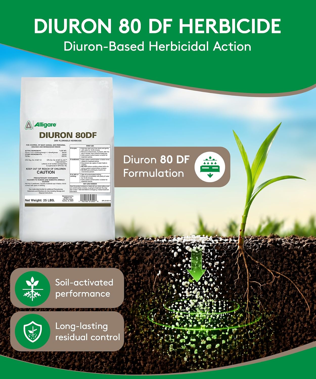 Alligare Diuron 80 DF Herbicide - Pre- & Post-Emergent Weed Killer for Industrial & Non-Crop Areas - Controls Crabgrass, Ryegrass & Broadleaf Weeds - Dry Granules for Ground Application - 5 lb