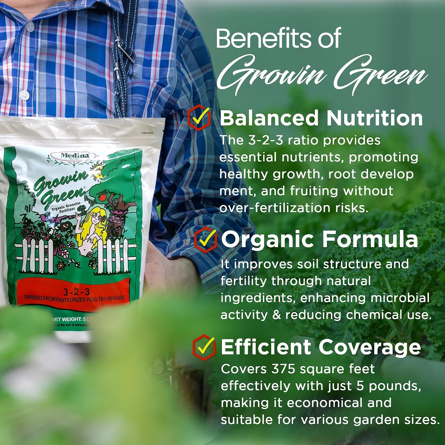 Medina Growin Green Organic Granular Fertilizer, 5 lb Bag, 3-2-3 | Nutrient Rich Soil Enhancer, Granules for Lush Gardens, Lawns, and Plants