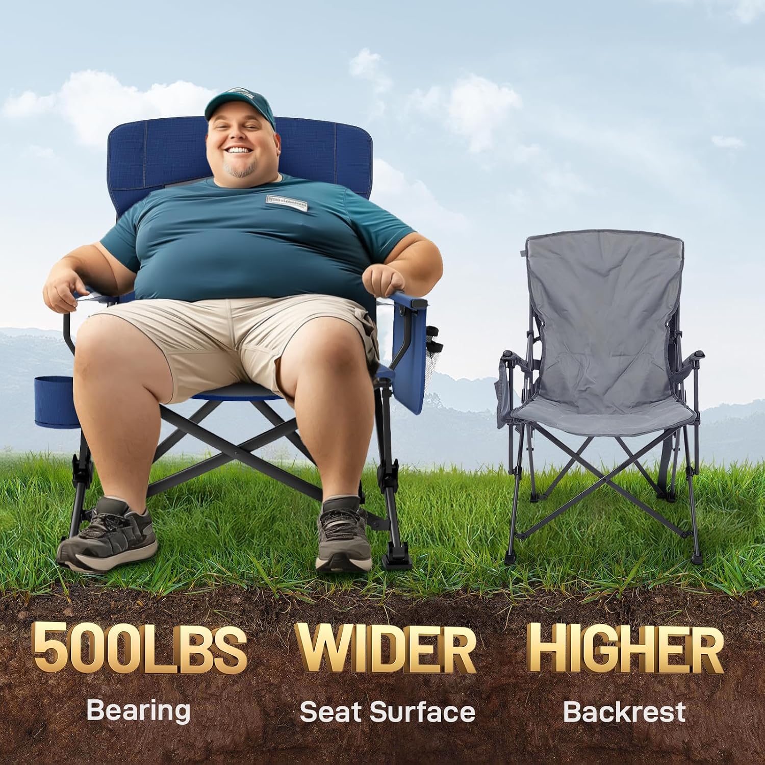 EVER ADVANCED Oversized Folding Camping Chair for Adults with Adjustable Lumbar Support, Heavy Duty Chair with Side Pockets, Portable Collapsible Quad Chair for Outside