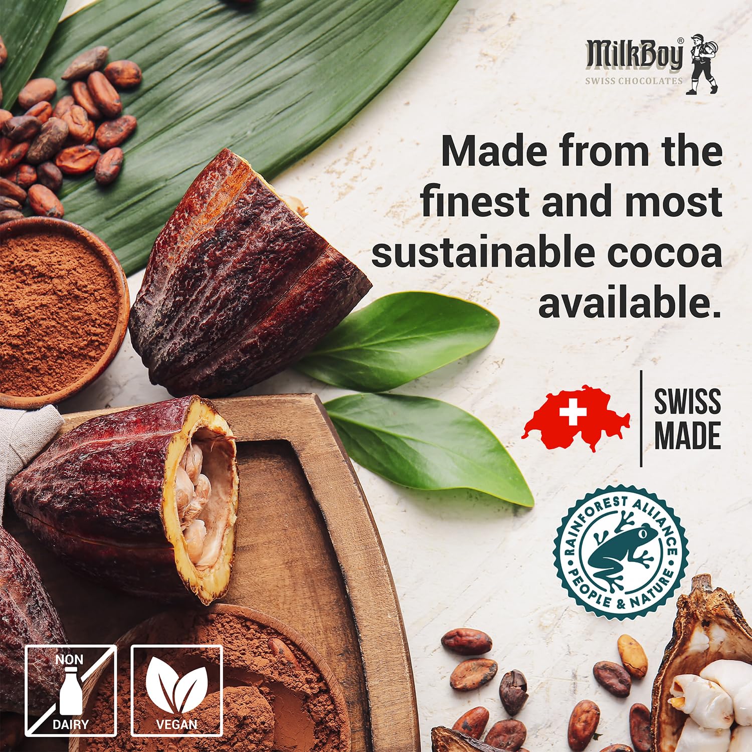 MilkBoy Swiss Chocolates Chocolate Bar Variety Flavors - 3 oz, 5 Pack | Includes milk, dark, white bourbon vanilla, caramel sea salt & almond flavors. Rainforest Alliance certified cocoa. Kosher.