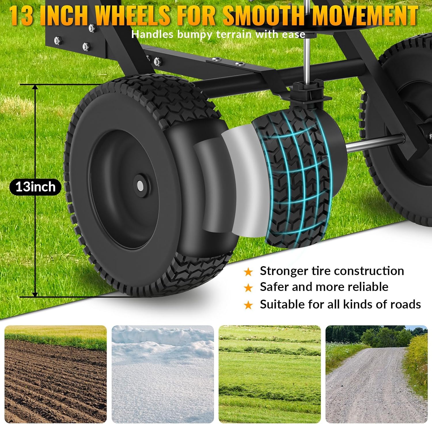 Tow Behind Broadcast Spreader, 200 LB Capacity, Fertilizer Spreader Holds up to 550 lbs with 13" Pneumatic Tires and Adjustable Flow Control Lever