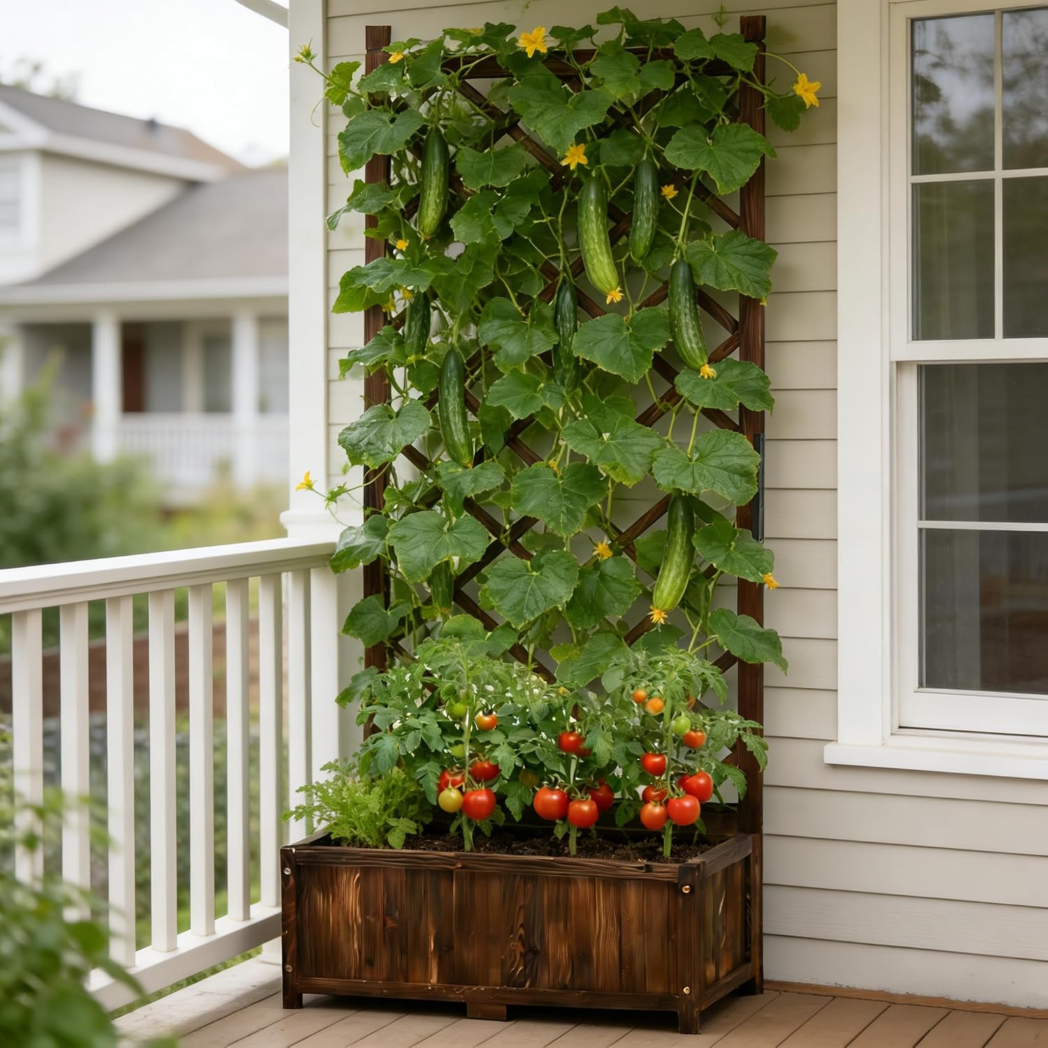Anraja Raised Garden Bed with Trellis Wooden Flower Standing Planter Box Outdoor Wood Lattice Panels Privacy Screen for Climbing Plant Planting