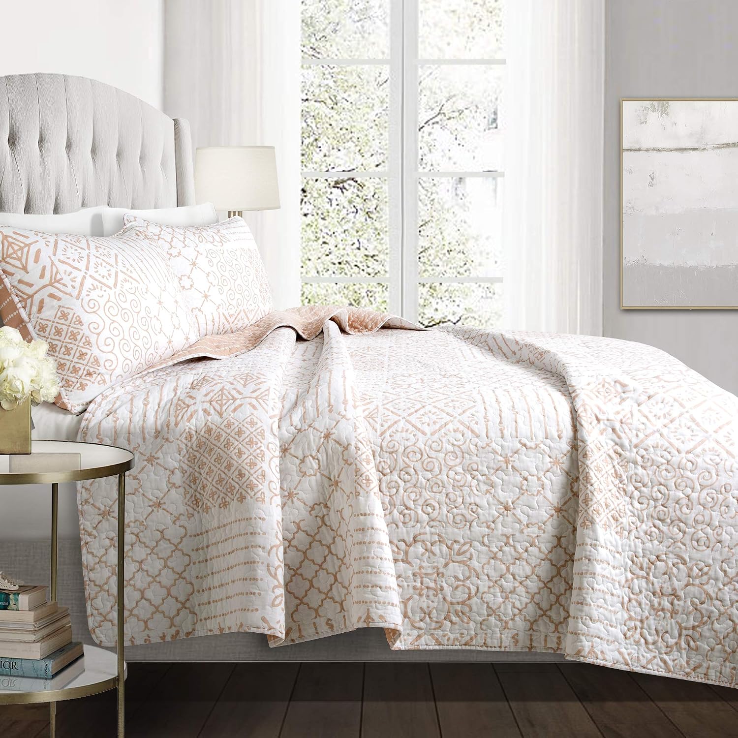 Lush Decor Monique 3 Piece Reversible Print Pattern Blue Quilt Set - Full Queen