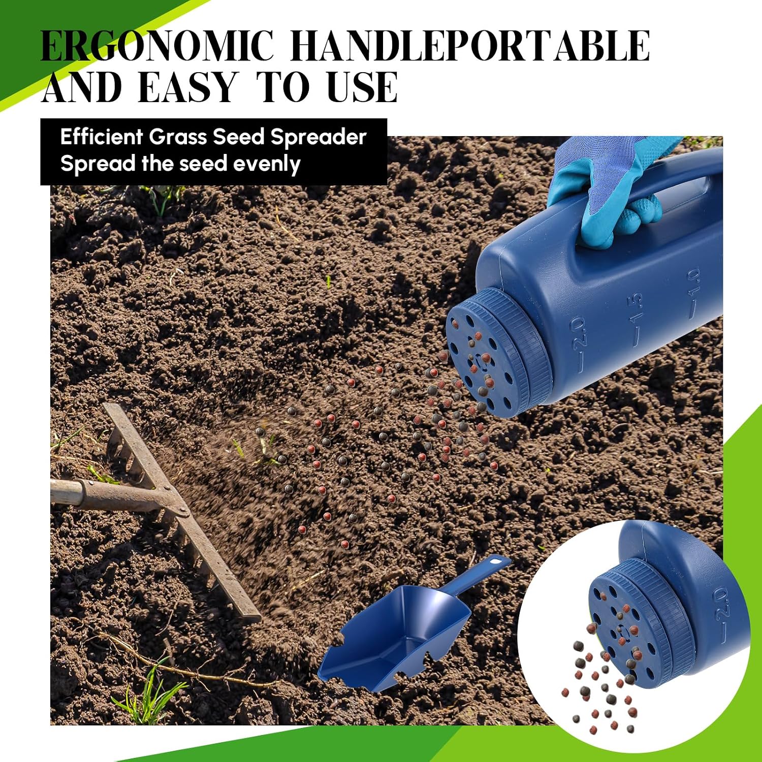Handheld Spreader Set with Scoop & Gloves for Seed, Salt, De-icer,Green