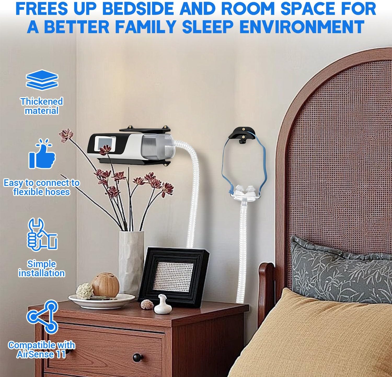 CPAP Wall Mount Shelf for AirSense 11 with CPAP Hose Hanger & Mask Hook | CPAP Shelf for Bedside Save Space