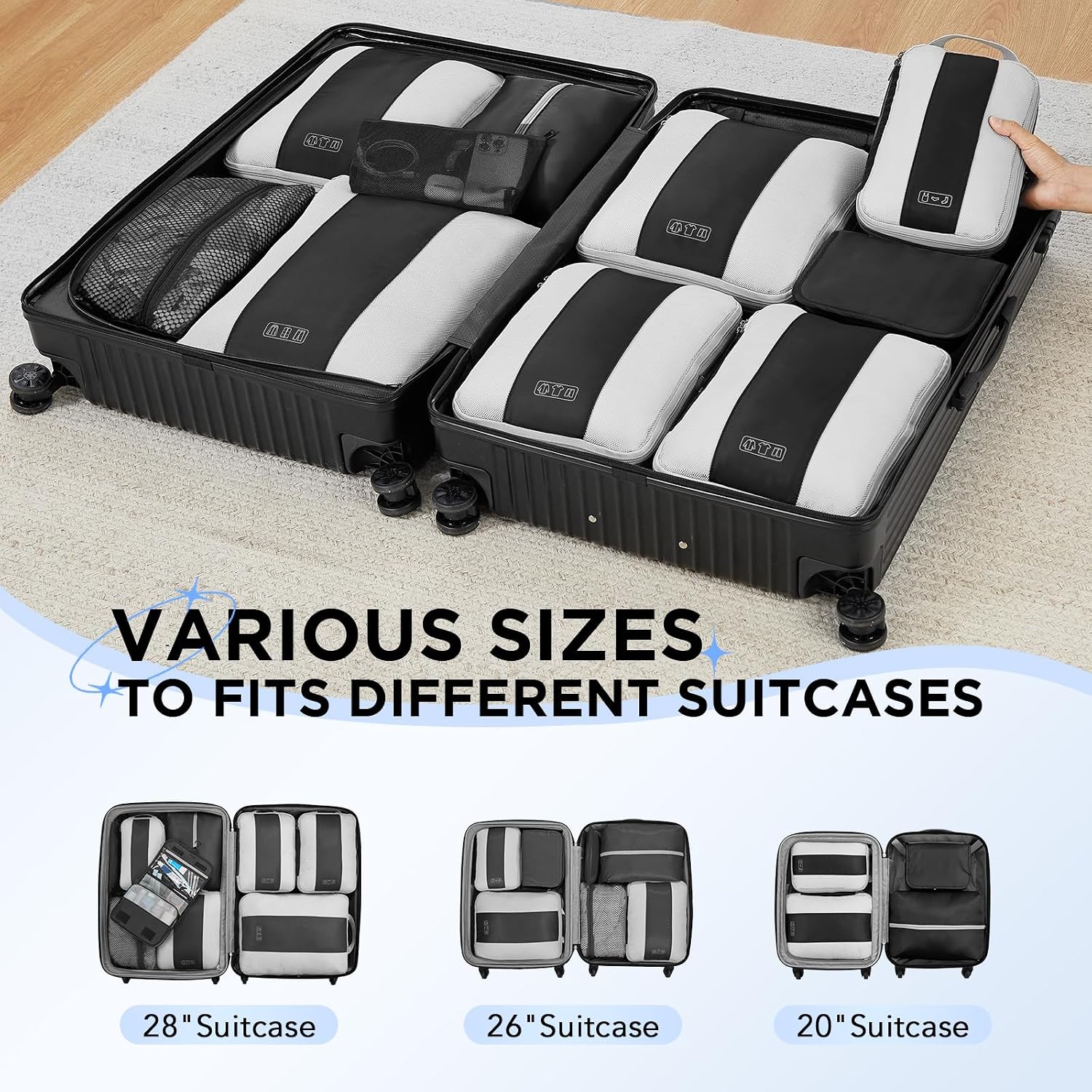 OlarHike 10 Set Compression Packing Cubes for Travel Essentials,Compressible Expandable Space Saver Bags for Organizing Clothes,Luggage Suitcase Garment Bags with Over 1000 pcs Mesh Holes(Black)