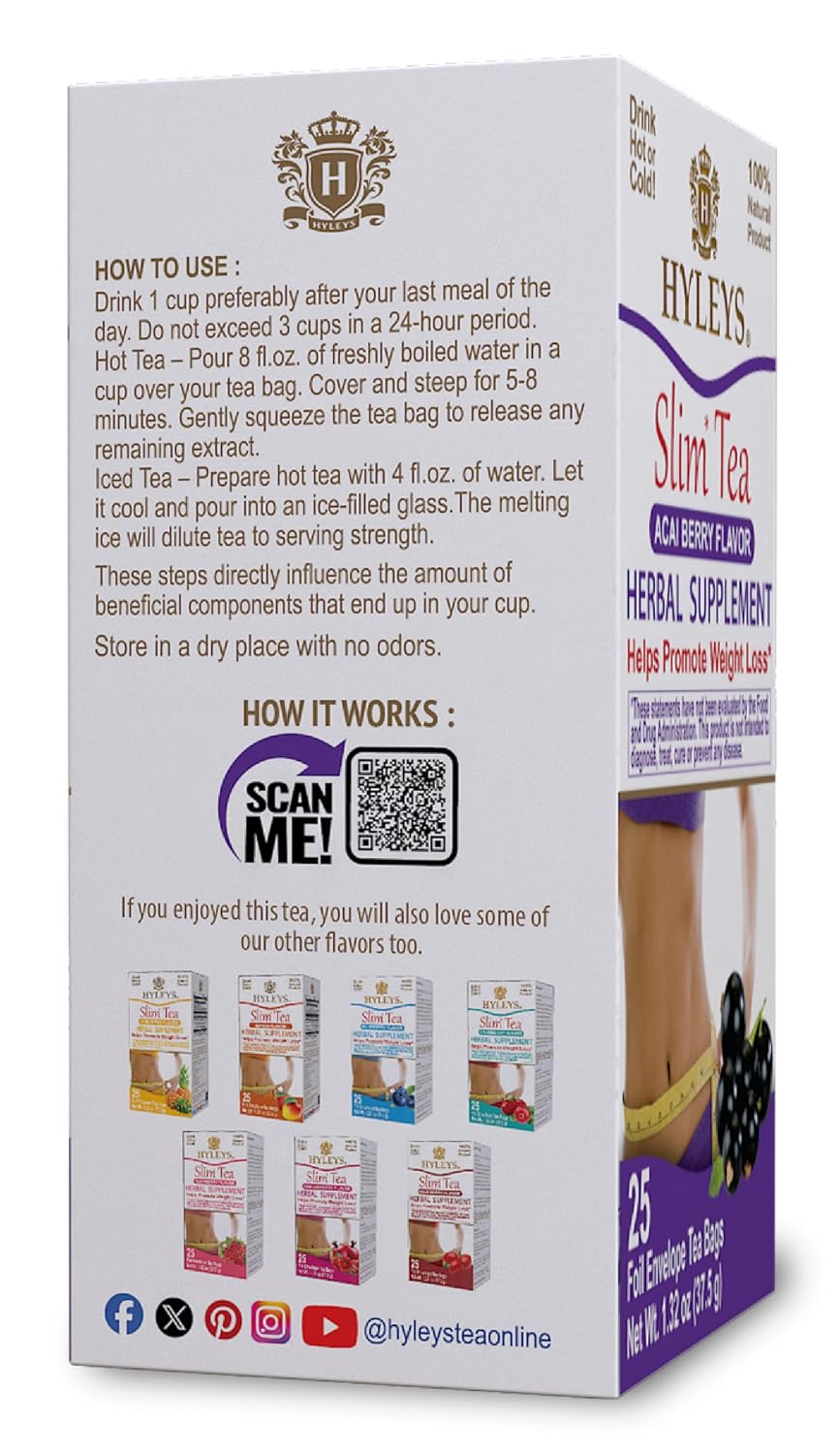 HYLEYS Slim Tea Goji Berry, Weight Loss Detox, Slimming Diet Tea, 25 Bags | Green Tea, Senna Detox & Cleanse, 3 Natural Ingredients, No Added Sugar, 1-Step Bedtime Routine, Supports Digestion