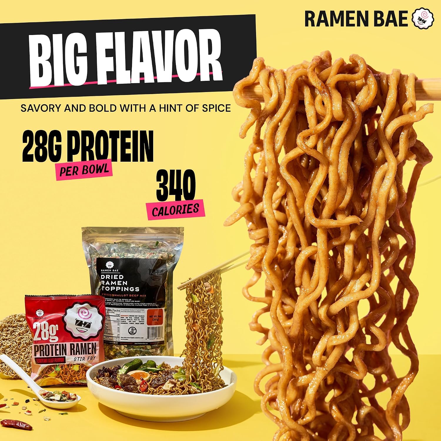 Ramen Bae Original Stir Fry Protein Noodles - 28g Protein, Garlic Soy | Air Dried Not Fried, Plant Based, Vegan Protein Noodles - Lower Carb & Fat - Savory & Bold with Hint of Spice (Pack of 6)
