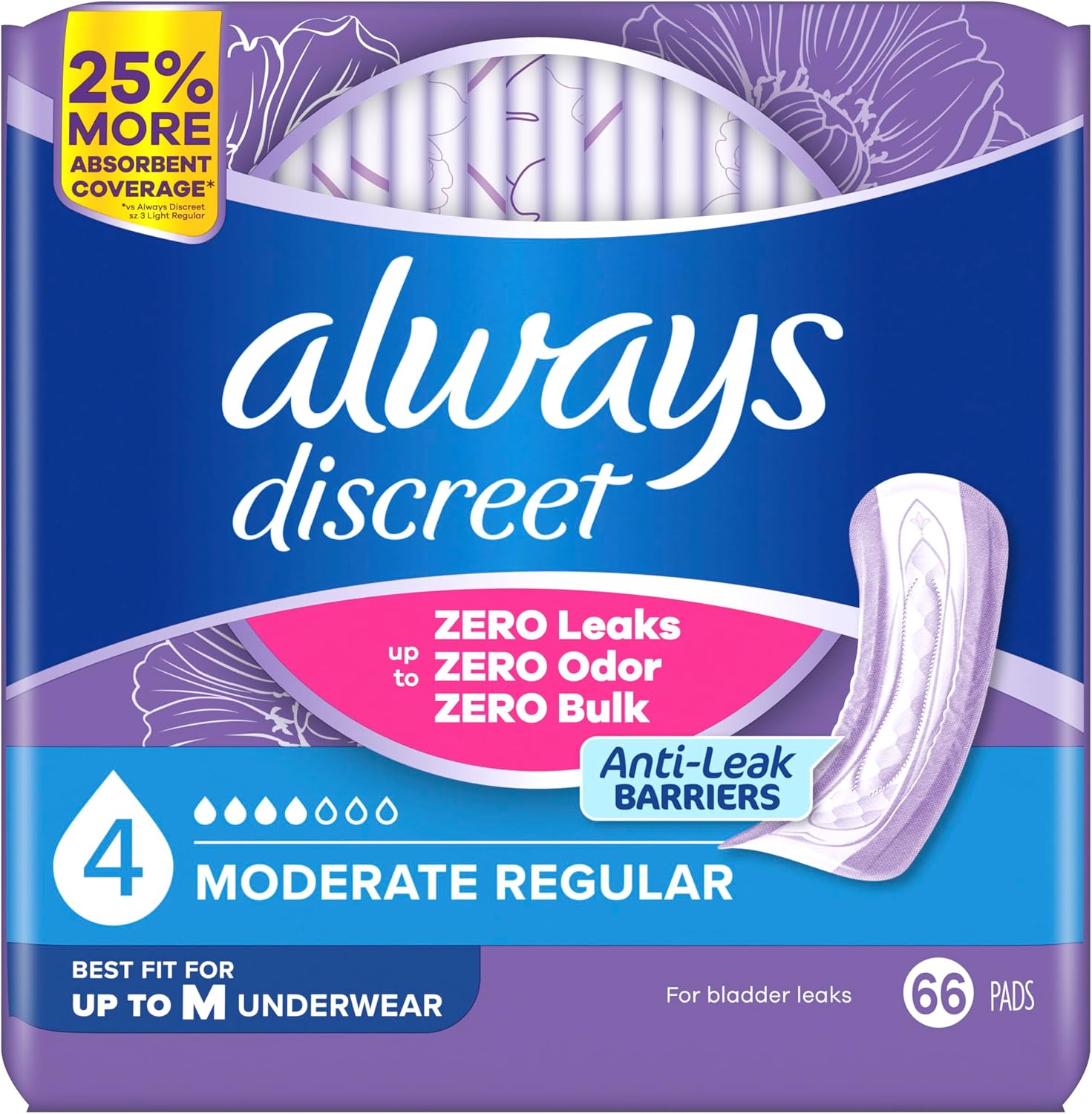 Always Discreet Adult Incontinence Pads for Women, Drier, 4 Drop Long Length, Moderate Absorbency, Pads for Bladder Control Management, Bladder Leaks, & Postpartum Pads, 54ct